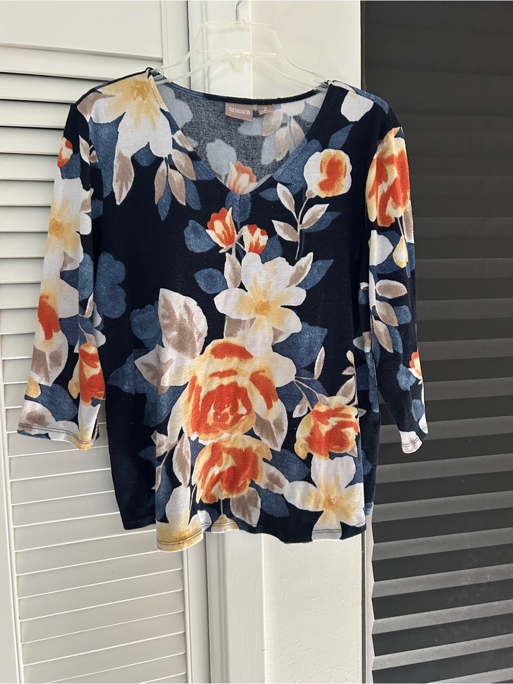 Chico's Navy Floral V-Neck Long Sleeve Top